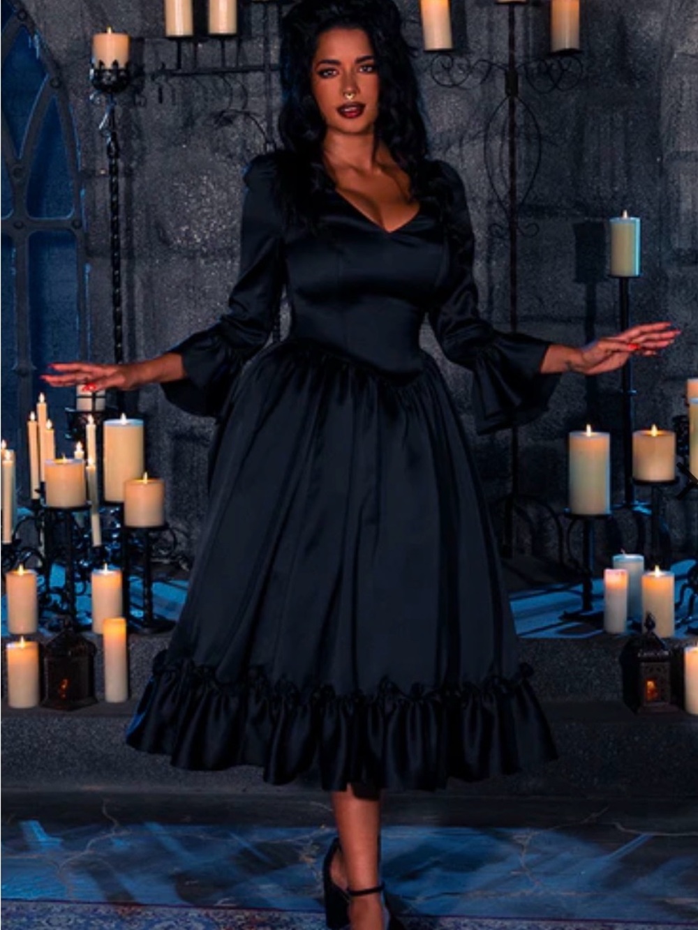 Dark Romance Satin Bustle Dress in Black